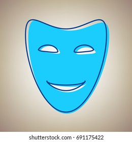 Comedy theatrical masks. Vector. Sky blue icon with defected blue contour on beige background.