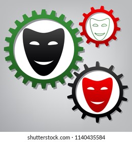 Comedy theatrical masks. Vector. Three connected gears with icons at grayish background.