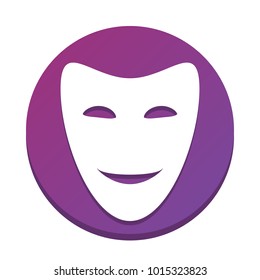 Comedy theatrical masks. Vector. White icon with flat shadow on purpureus circle at white background. Isolated.