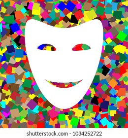 Comedy theatrical masks. Vector. White icon on colorful background with seamless pattern from squares.