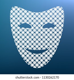 Comedy theatrical masks. Vector. White textured icon at lapis lazuli gradient background.