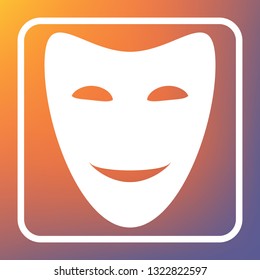 Comedy theatrical masks. Vector. White icon on transparent button at orange-violet gradient background.
