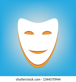 Comedy theatrical masks. Vector. White icon with 3d warm-colored gradient body at sky blue background.