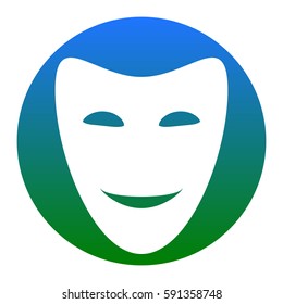 Comedy theatrical masks. Vector. White icon in bluish circle on white background. Isolated.