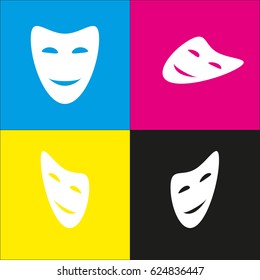 Comedy theatrical masks. Vector. White icon with isometric projections on cyan, magenta, yellow and black backgrounds.