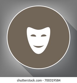 Comedy theatrical masks. Vector. White icon on brown circle with white contour and long shadow at gray background. Like top view on postament.