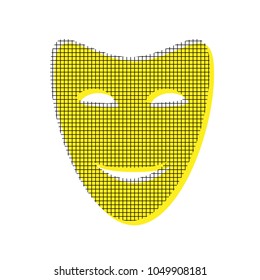 Comedy theatrical masks. Vector. Yellow icon with square pattern duplicate at white background. Isolated.