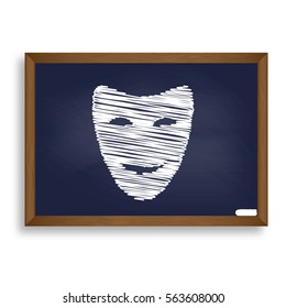 Comedy theatrical masks. White chalk icon on blue school board with shadow as background. Isolated.
