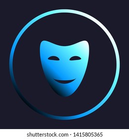 Comedy theatrical masks. White, cyan and blue gradient icon as round button in white shell at dark blue background. Illustration.
