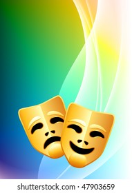 Máscaras de comedia y tragedia sobre fondo de color abstracto e iluminación vectorial original
