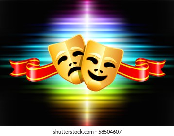 Comedy and Tragedy Masks on Abstract Spectrum Background Original Illustration