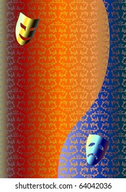 Comedy and tragedy masks on pattern. Blue, red, gold. Vector.