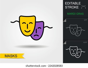 Comedy and tragedy masks. Outline icon with editable stroke. Linear Mardi Gras Symbol with shadow