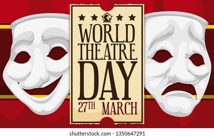 Comedy and tragedy masks over stage curtain and ticket promoting theatre season during World Theatre Day celebration this 27th March.
