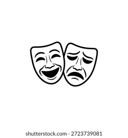 Máscaras de comedia y tragedia lado a lado en ilustración en blanco y negro