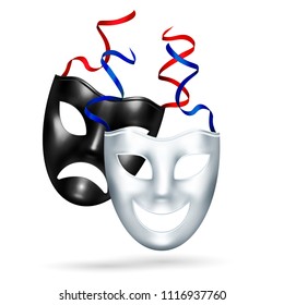 Comedy tragedy masks theatre realistic composition of black and white masks for classic art play actors vector illustration