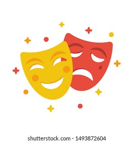 Comedy and tragedy masks. Yellow funny and red sad mask, cartoon style. Happy and unhappy traditional symbol of theater. Vector illustration flat design. Isolated on white background.