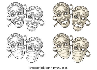 Comedy and tragedy theater disguises with medical masks. Vector engraving vintage color illustration about coronavirus. Isolated on white. Hand drawn design element for poster or banner 2019-nCoV