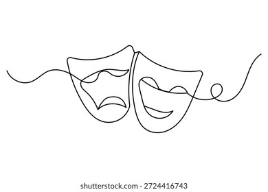 Comedy and tragedy theater masks continuous one line drawing