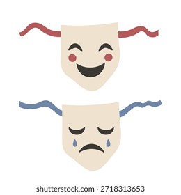 Comédia e Máscaras do Teatro da Tragédia. Símbolos dramáticos de desempenho que expressam emoções contrastam com a arte de palco da cultura que conta histórias.