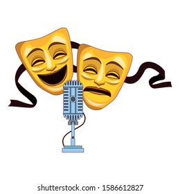 comedy and tragedy theater masks icon over white background, vector illustration