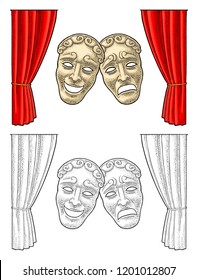 Comedy and tragedy theater masks. Red curtain. Vector engraving vintage color and monochrome illustration. Isolated on white background. Hand drawn design element for poster