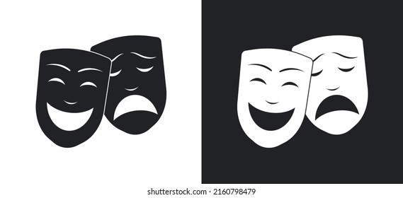 Mascarillas teatrales de comedia y tragedia montadas. Máscara feliz y triste. Drama y símbolo de la comedia. Ilustración del vector