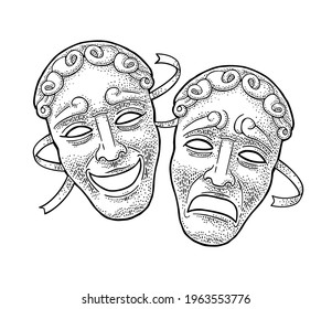 Comedy and tragedy theater masks. Vector engraving vintage black illustration. Isolated on white background. Hand drawn design element for poster