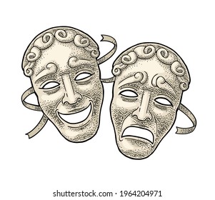 Comedy and tragedy theater masks. Vector engraving vintage color illustration. Isolated on white background. Hand drawn design element for poster