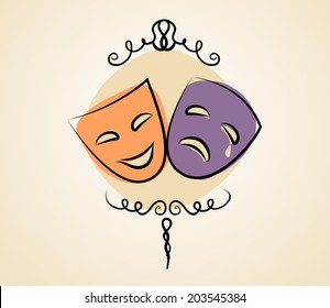 Comedy and tragedy theater masks. Vector illustration in vintage colors