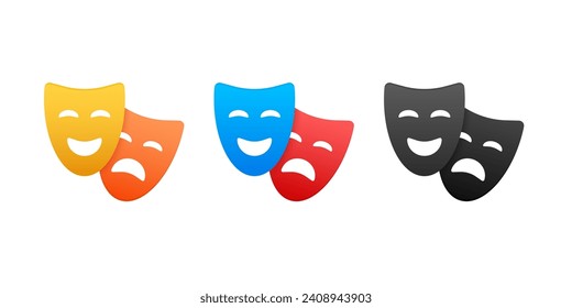 Comedy and Tragedy Theater Masks, Vector Illustration Set of Drama and Performing Arts Symbols in Vibrant Colors for Cultural Graphics