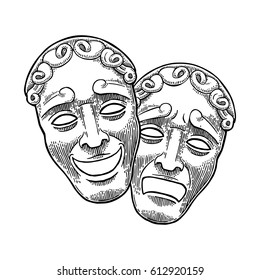 Comedy and tragedy theater masks. Vector engraving vintage black illustration. Isolated on white background.
