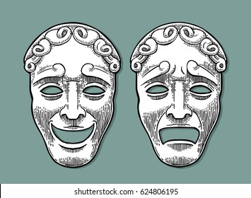 Comedy and tragedy theater masks. Vector engraving vintage black illustration. Isolated on turquoise background with shadow.