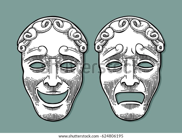 Comedy and tragedy theater masks. Vector\
engraving vintage black illustration. Isolated on turquoise\
background with shadow.