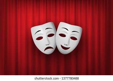 Comedy and Tragedy theatrical mask isolated on a red curtain background. Vector illustration