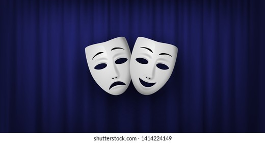 Comedy and Tragedy theatrical mask isolated on a blue curtain background. Vector illustration