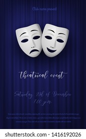 Comedy and Tragedy theatrical mask isolated on a blue curtain background. Vector illustration