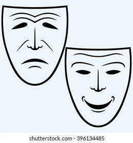 Comedy and Tragedy theatrical mask. Isolated on blue background. Vector silhouettes