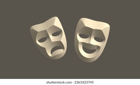 máscaras teatrales de comedia y tragedia, 3d, vector de alta calidad