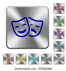 Comedy and tragedy theatrical masks engraved icons on rounded square glossy steel buttons