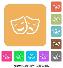 Comedy and tragedy theatrical masks flat icons on rounded square vivid color backgrounds.