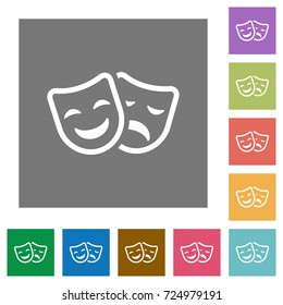 Comedy and tragedy theatrical masks flat icons on simple color square backgrounds