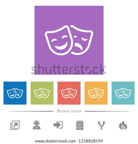 Comedy and tragedy theatrical masks flat white icons in square backgrounds. 6 bonus icons included.