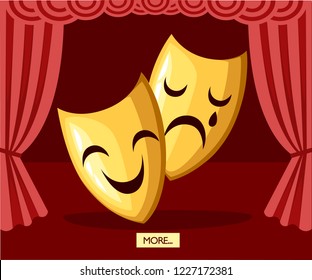 Comedy and tragedy theatrical masks. Golden theater masks. Greek culture. Flat vector illustration on stage background.
