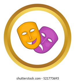 Comedy and tragedy theatrical masks vector icon in golden circle, cartoon style isolated on white background