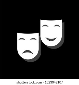 Comedy and tragedy theatrical masks. White flat simple icon with shadow