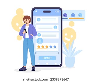 Coment to phone concept. Man communicates in social networks and messengers. Remote communication and interaction. Young guy with feedback and review online. Cartoon flat vector illustration