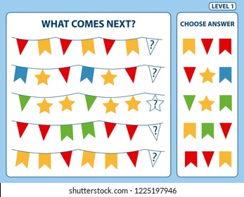 “What comes next” is educational game for the development of logical thinking of children. Find the regularity and continue the row task. Christmas theme. Difficulty level 1. Vector illustration