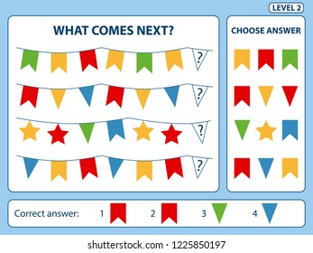 “What comes next” is educational game for the development of logical thinking of children. Find the regularity and continue the row task. Christmas theme. Difficulty level 2. Vector illustration