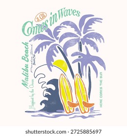 Viene En Ondas Tipografía Eslogan De Verano. Olas grandes Bajo el sol y la palmera. Gráfico de playa de surf. arte de la naturaleza. diseño de camiseta de verano vintage. arte tropical